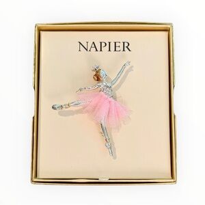 NWT Napier Jeweled Two Tone Pink Ballerina Brooch Pin Pink Net Tutu Gift Box